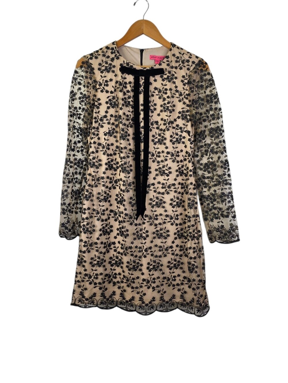 Betsey Johnson Sz 6 Tie Detail Floral Embroidered Sheer Long Sleeve Mini Dress